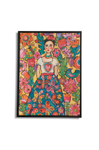 Schilderij van vrouw met bloemen en vlinders
