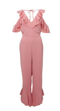 Jumspuit met ruffles in koraal