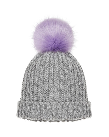 Grijze muts met paarse pom pom
