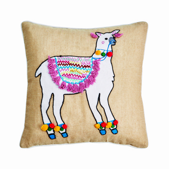 Kussen met lama en pom poms