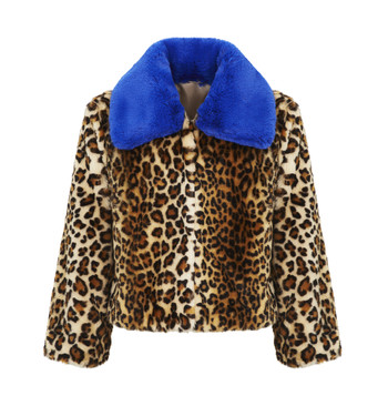 Luipaard jas met blauwe kraag (faux fur)