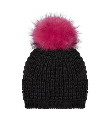 Wolle zwarte muts met roze pom pom