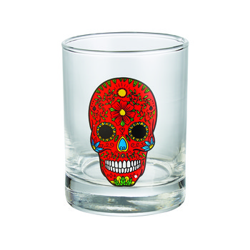 Glas met rood doodshoofd