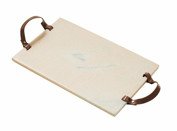 Roze marmeren dienblad met leren handvaten