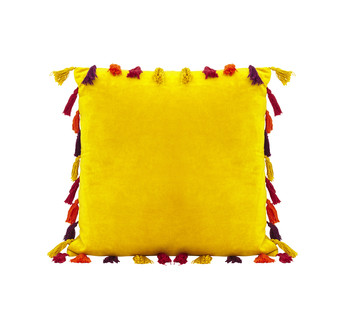 Mosterd geel kussen met gekleurde kwastjes